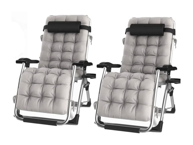 Groundlevel Pair of Luxury Gravity Garden Adjustable Sun Lounger Relaxer Chair with Cushion Grey Grey