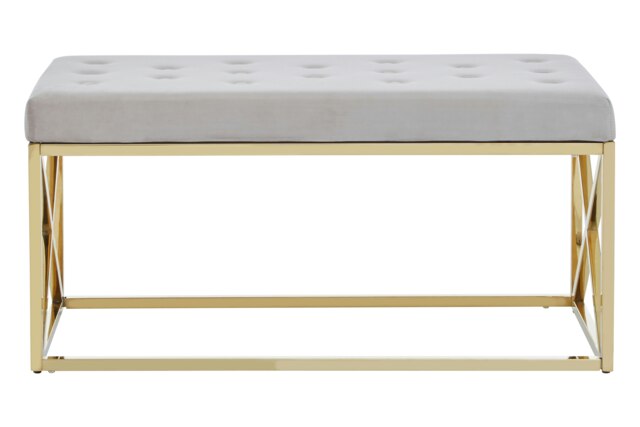 Orsina Mink Velvet Gold Finish Bench, Tufted Velvet Seating For Bedroom Or Living Room, Stainless Steel Frame Bench