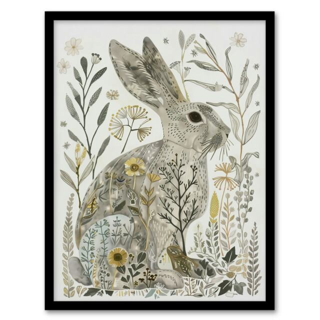 Bunny Flowers Grey Yellow Bright Folk Art Black Framed Wall Art Print A4