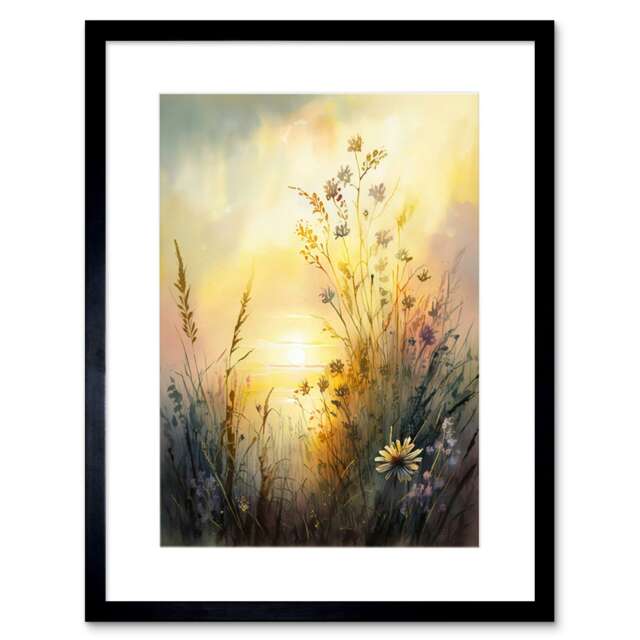 "Wildflower by Lakeside a Misty Morning Sunrise 9x7"" Black Framed Wall Art Print"