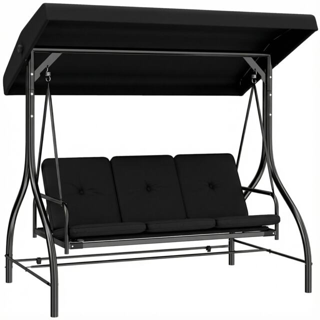 Outsunny 3 Seater Canopy Swing Chair Porch Hammock Bed Rocking Bench Black