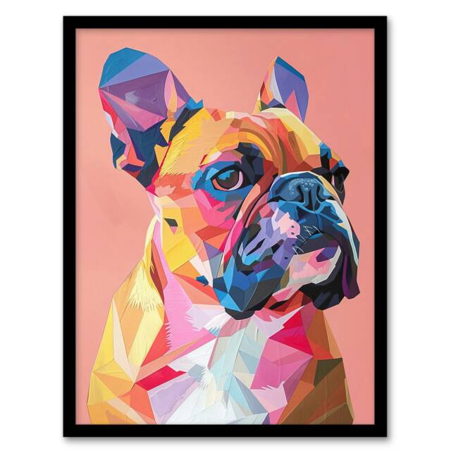 Dog Lover Geometric French Bulldog Portrait Black Framed Wall Art Print A4