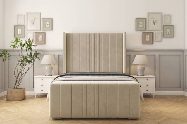 "Sloomy Hargrave Cream Plush Bed Frame With 50"" Upholstered Wingback Headboard 3' Single"
