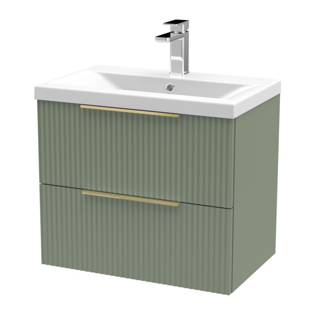 Balterley Fluted Front Wall Hung 2-Drawer Bathroom Vanity Unit with 1 Tap Hole Basin, Handles Green Satin Green