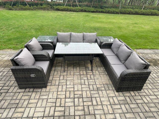 Fimous Outdoor Garden Patio Furniture Wicker Rattan Oblong Rectangular Dining Table and Lounge Sofa set with 2 Side Table Dark Grey Mixed