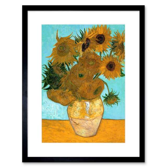 "Vincent Van Gogh Vase Twelve Sunflowers 9x7"" Black Framed Wall Art Print"