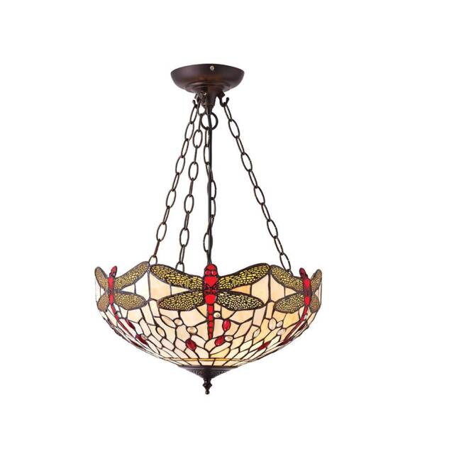 Dragonfly Tiffany 3 Light Medium Inverted Ceiling Pendant Bronze, Beige