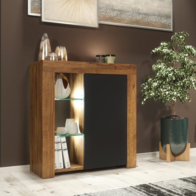 Sideboard Cabinet Storage Unit Cupboard Oak Black Matt LED Furniture 75cm
