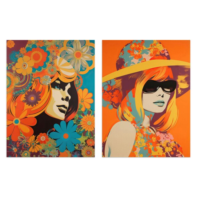 Set of 2 Flower Power Fashion Female 60s 70s Orange Blue Colourful Wall Art Print A4