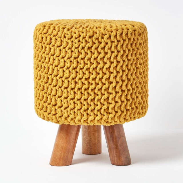 Homescapes Mustard Tall Cotton Knitted Footstool on Legs Yellow 32 x 32 x 42 cm