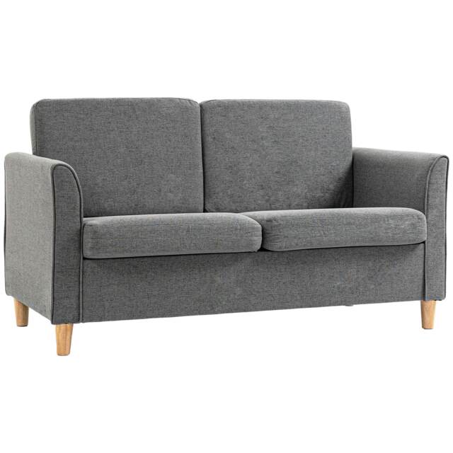 HOMCOM 2 Seater Sofa, Compact Loveseat, Linen Upholstered Couch with Wood Legs and Armrest, Small Sofa for Living Room and Home Office Grey