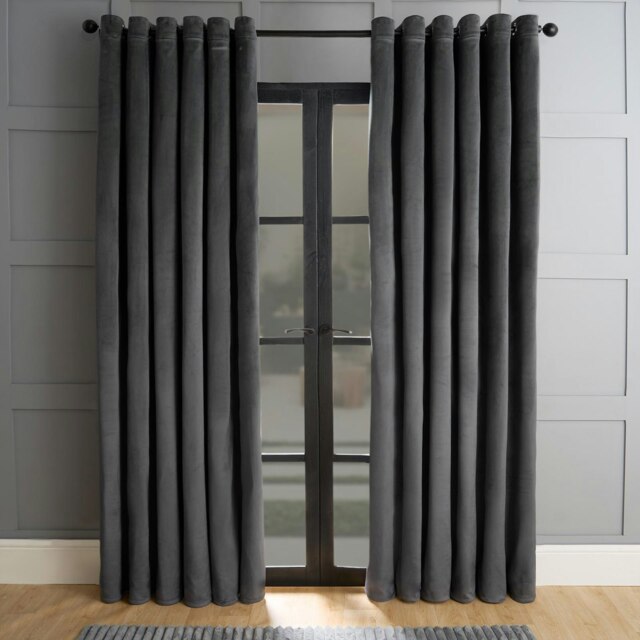 "OHS Matte Velvet Thermal Lined Eyelet Curtains, 66x54"" - Charcoal"