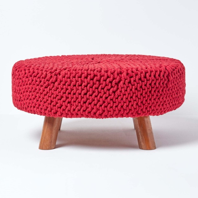 Homescapes Red Round Cotton Knitted Footstool on Legs Red 62 x 62 x 30 cm