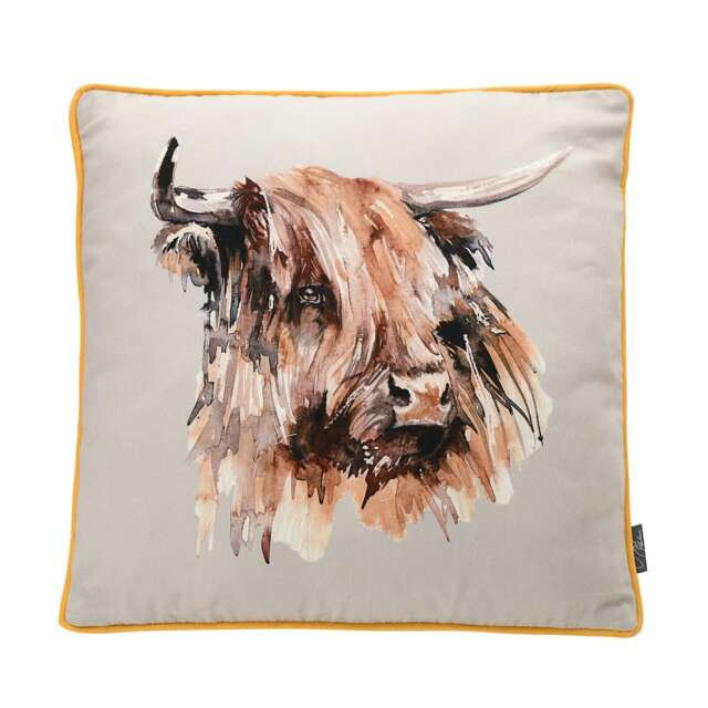 Meg Hawkins Highland Cow Cushion 40cm Grey Brown 1