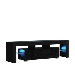 TV Unit 160cm Black Gloss Door Black Matt Body with LED Glass Sides Black One Size 1