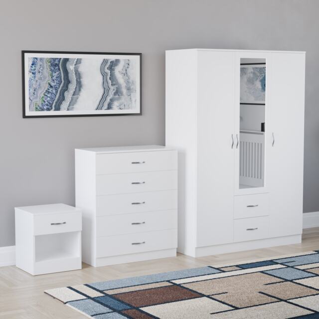Vida Designs Riano 3 Piece Bedroom Set (1 Drawer Bedside Chest, 5 Drawer Chest, 3 Door 2 Drawer Mirrored Wardrobe) - White