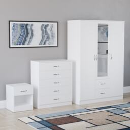 Vida Designs Riano 3 Piece Bedroom Set (1 Drawer Bedside Chest, 5 Drawer Chest, 3 Door 2 Drawer Mirrored Wardrobe) - White
