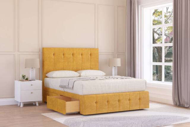 "Sloomy Cambridge Mustard Plush Divan Bed With Mattress 2 Drawers Left Side With 54"" Floor Standing Headboard & 12"" Matching Footboard 2'6 Small Single Gold Mustard Small Single 1"