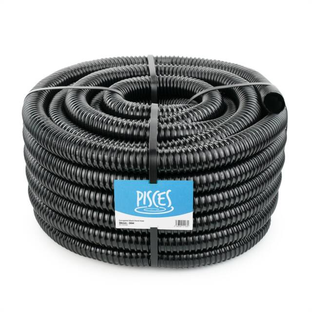 Pisces 38mm (1.5 inch) Black Pond Corrugated Flexible Hose Pipe - 30m Roll