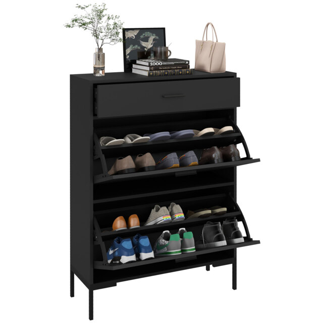 HOMCOM 3 Drawer Shoe Cabinet with 2 Flip Doors, Sliding out Drawer and Adjustable Shelf for 12 Pairs of Shoes, Narrow Shoe Storage Cabinet for Hallway, Entryway, Black