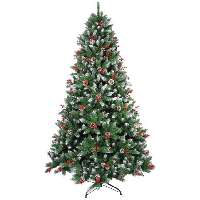 Neo 2.1 m 7 ft Christmas Xmas Tree Flocked Snowy Effect Fake Pine Cone Red Berries Metal Stand Flocked Tips Green
