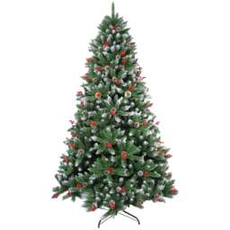 Neo 2.1 m 7 ft Christmas Xmas Tree Flocked Snowy Effect Fake Pine Cone Red Berries Metal Stand Flocked Tips Green
