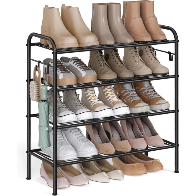 4-Tier Shoe Organizer, Metal Shoe Shelf with Hooks, Adjustable Shoe Rack for Hallway, Closet or Entryway, Ink Black