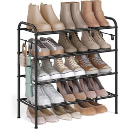 4-Tier Shoe Organizer, Metal Shoe Shelf with Hooks, Adjustable Shoe Rack for Hallway, Closet or Entryway, Ink Black