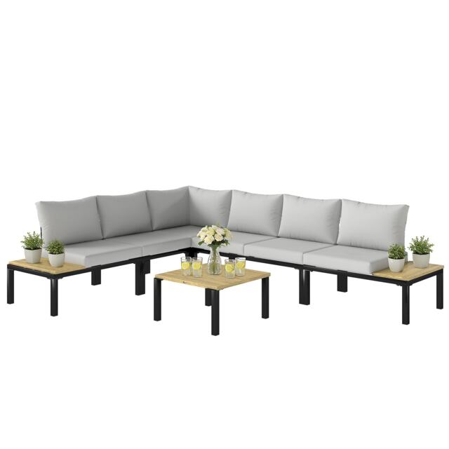 Outsunny Garden Furniture Set, 6 Piece Corner Sofa Set with Coffee Table Grey Light Grey Five Plus Seater