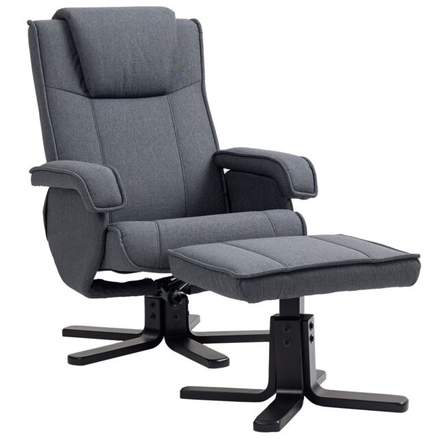 HOMCOM Swivel Recliner Chair with Footstool, Linen Fabric Recliner Armchair with Ottoman, Wood Base, Upholstered Reclining Chair for Living Room, Bedroom, Office, Charcoal Grey Grey Charcoal grey