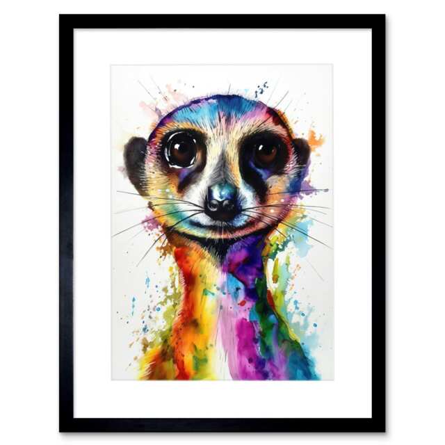 "Meerkat Splash Paint Watercolour Painting 9x7"" Black Framed Wall Art Print"