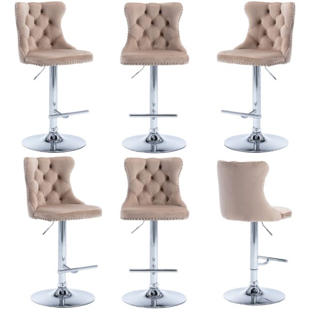 Set of 6 Modern Velvet Bar Stools with Adjustable Swivel Base