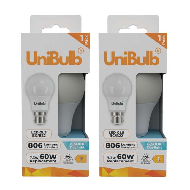 UniBulb LED GLS B22 Bayonet Cap (BC) 806lm 7.3W (Replaces 60W) 6500K (Daylight) Light Bulb - Pack of 2