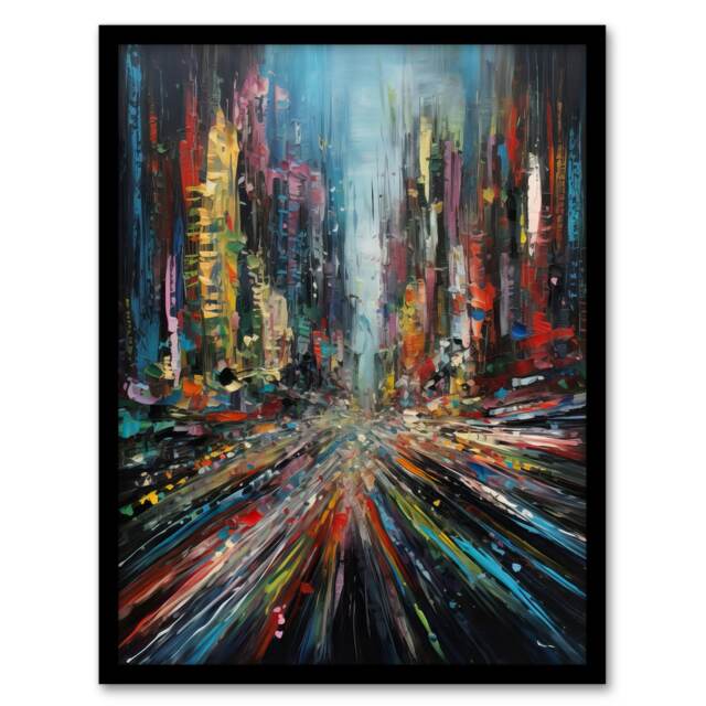 Abstract City New York Rush Hour Traffic Oil Black Framed Wall Art Print A4