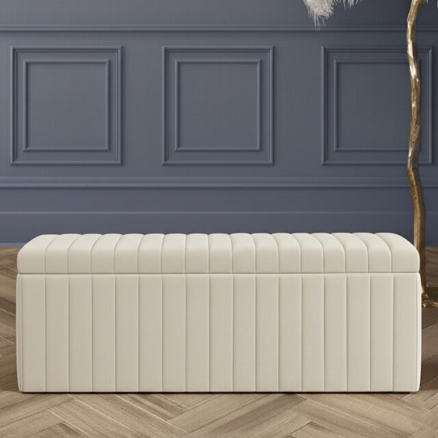 150cm Wide Lux Ottoman Storage Box, Cream Velvet Upholstered Full Striped Storage Ottoman Box