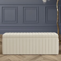 150cm Wide Lux Ottoman Storage Box, Cream Velvet Upholstered Full Striped Storage Ottoman Box