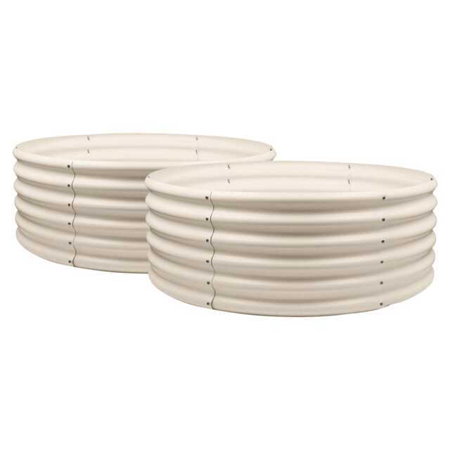 Harbour Housewares Raised Garden Beds - 2x Ivory Round Bottomless Metal Raised Bed Galvanised Steel Planter Box 120 x 45cm
