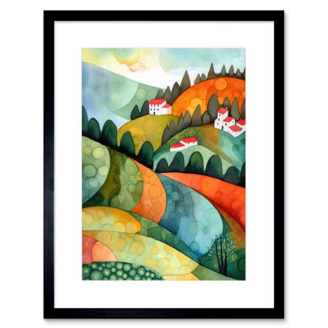 "Countryside Of Florence Italy Folk Art 9x7"" Black Framed Wall Art Print"