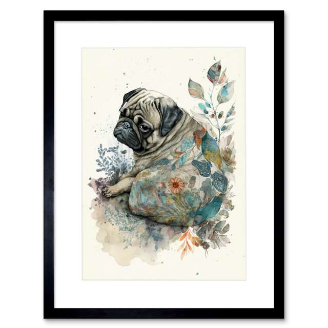 "Pug Dog Floral Pattern Watercolour 9x7"" Black Framed Wall Art Print"