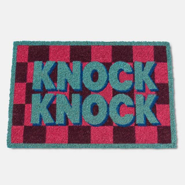 OHS Knock Knock Coir Doormat Checkerboard Non Slip Door Rug Multi Pink/Blue