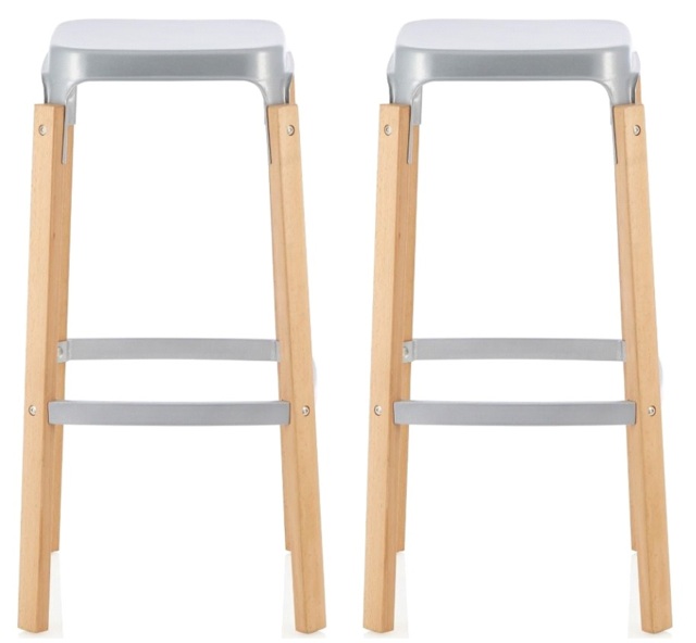 Pair of Metal & Wood Kitchen Bar Stools. Silver Barstools Silver