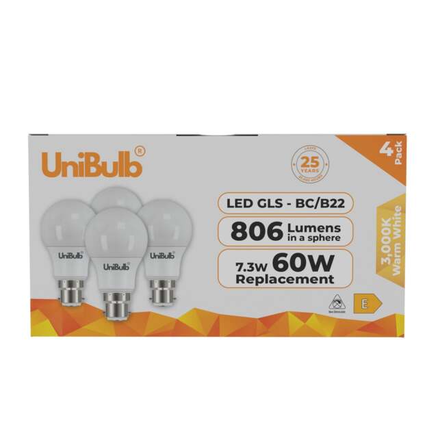 UniBulb LED GLS B22 Bayonet Cap (BC) 806lm 7.3W (Replaces 60W) 3000K (Warm White) Light Bulb - Pack of 4 White Warm White 4
