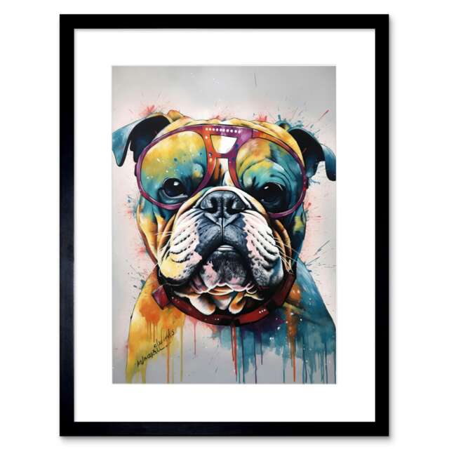 "English Bulldog Dog Wearing Vintage Sunglasses 9x7"" Black Framed Wall Art Print"