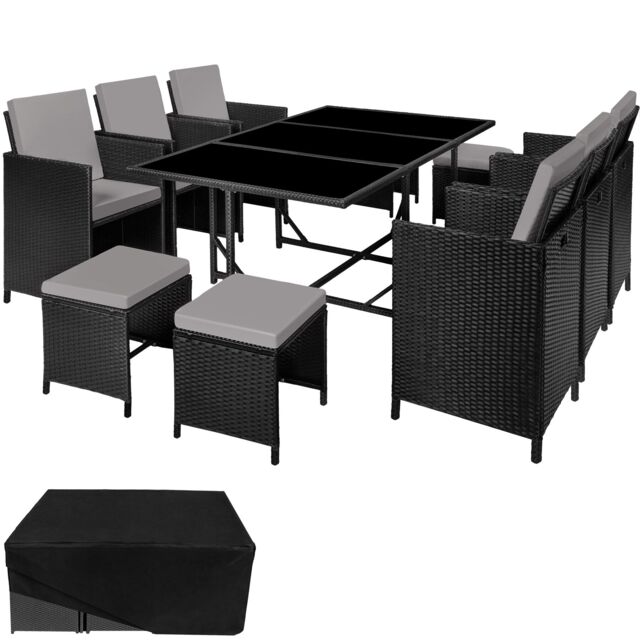 Garden Table and Chairs Malaga - 10 seats with cushions, dining table, rain cover Black black/grey 53 x 53 x 87 cm 1