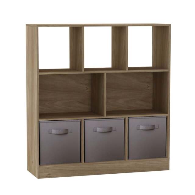 Asymmetrical 8 Oak Cube Bookcase Shelf Storage Unit with 3 Fabric Drawer Inserts Multi Oak & Grey Drawer 1