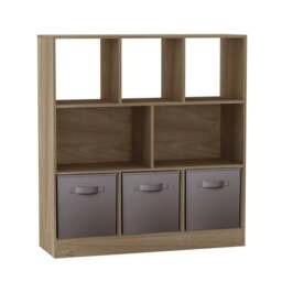 Asymmetrical 8 Oak Cube Bookcase Shelf Storage Unit with 3 Fabric Drawer Inserts Multi Oak & Grey Drawer 1