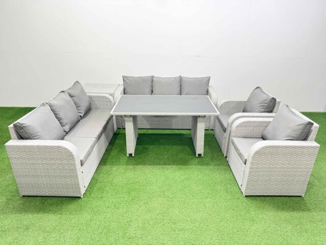 Fimous 8 Seater Wicker PE Rattan Furniture Outdoor Dining Table 3 Seater Sofa Reclining Chair Set with Side Table Light Grey