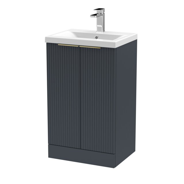 Balterley Fluted Front Floor Standing 2 Soft Close Door Bathroom Vanity Unit with 1 Tap Hole Basin, Handles Grey Soft Black
