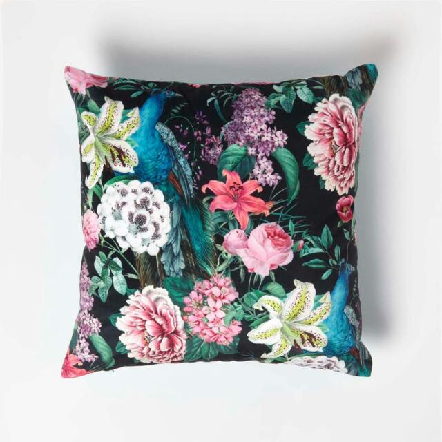 Homescapes Floral Peacock Black & Teal Filled Velvet Cushion - 46 x 46 cm Black 46 x 46 cm 1