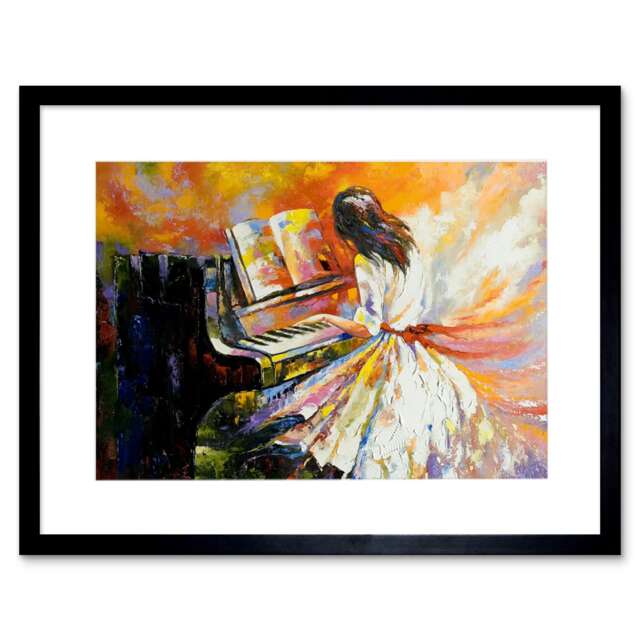 "Music Piano Girl Pianist Impressionism Painting 9x7"" Black Framed Wall Art Print"